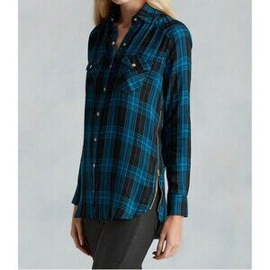 New Womens Designer True Religion M Plaid Top $169 Black Aqua Blue NW Tunic Zip